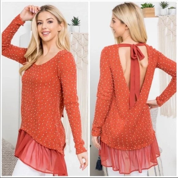 SALE ๐๏ธNEW Rue A'VERE Rust/Orange Gorgeous Light Sweater with Chiffon bottom - Picture 5 of 6